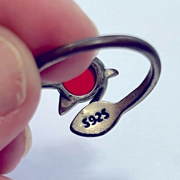 Sterling Silver Snake & Red Fox Ring – Size 10 – Whimsical Vintage Style - Picture 5 of 8